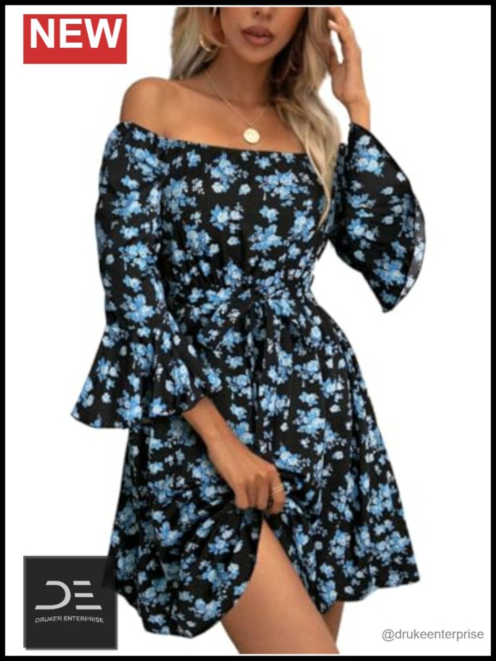 Off Shoulder Ruffle Sleeve Fit & Flare Mini Dress